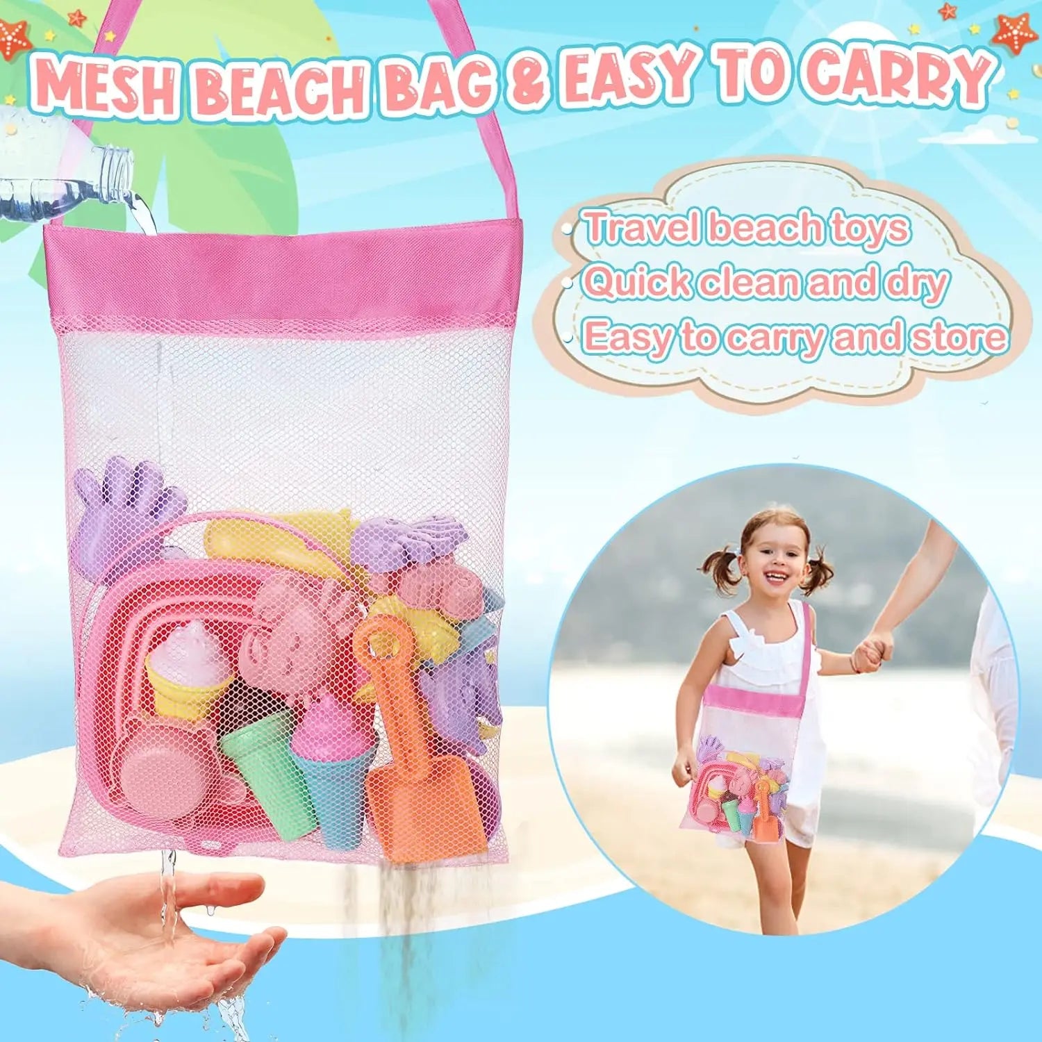 Beach Sand Toys for Kids Beach Toys Set with Ice Cream Cake Sand Molds Mesh Beach Bag Shovel Rake for Toddler Sandbox Outdoor Qme