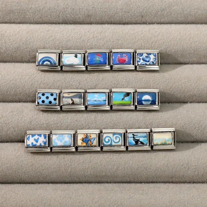 Fashion Blue Series Cartoon Shark Sea Seagull Crab Italian Charm Links Fit 9mm Stainless Steel Bracelet Jewelry DIY Making Beads Qme