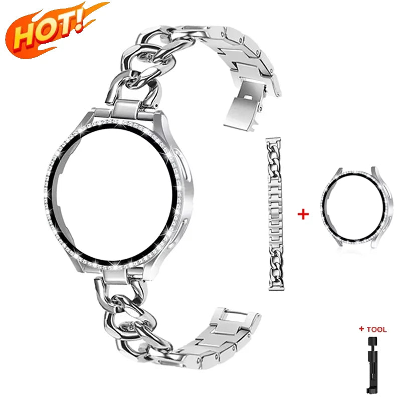 Bling Case+Bracelet for Samsung Galaxy Watch 6 5 4 40mm 44mm Metal Cowboy Chain Strap Screen protector Galaxy Watch 4 5 6 Band Qme