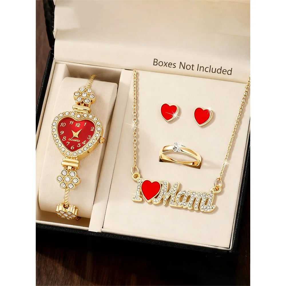 Flower shaped diamond inlaid heart-shaped women's watch, niche fashion, female student bracelet, quartz watch set Qme Red No