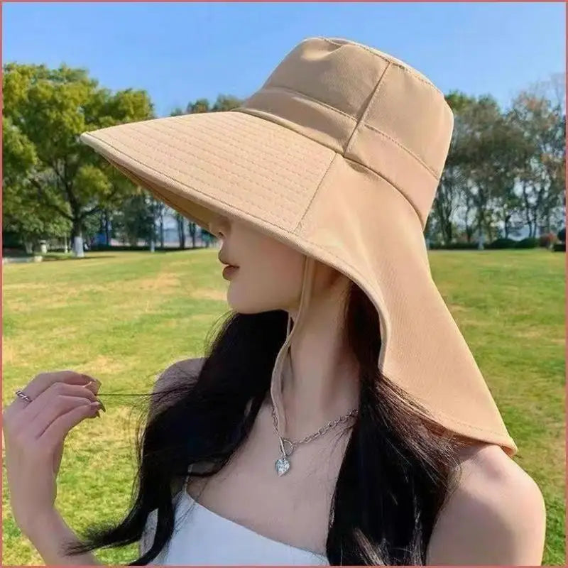 Solid Wide Brim Sun Hat Korean Neck Cover Protection Adjustable Women Qme