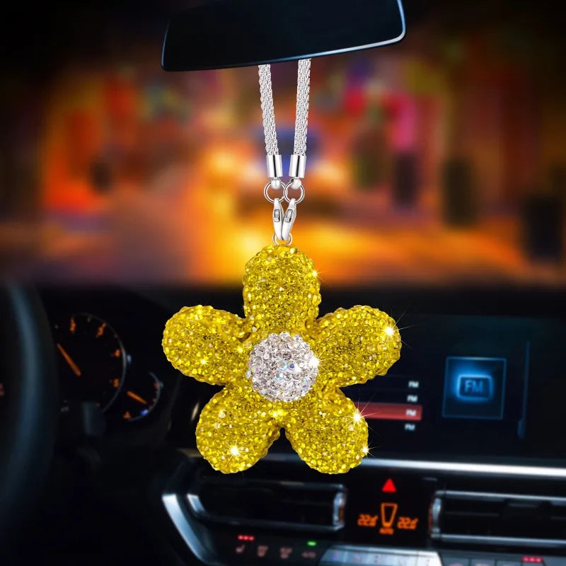 Sparkling Rhinestone-Encrusted Daisy Car Mirror Hanging With Small Daisies - Suitable For Rearview Mirror Or Dashboard Decor Qme