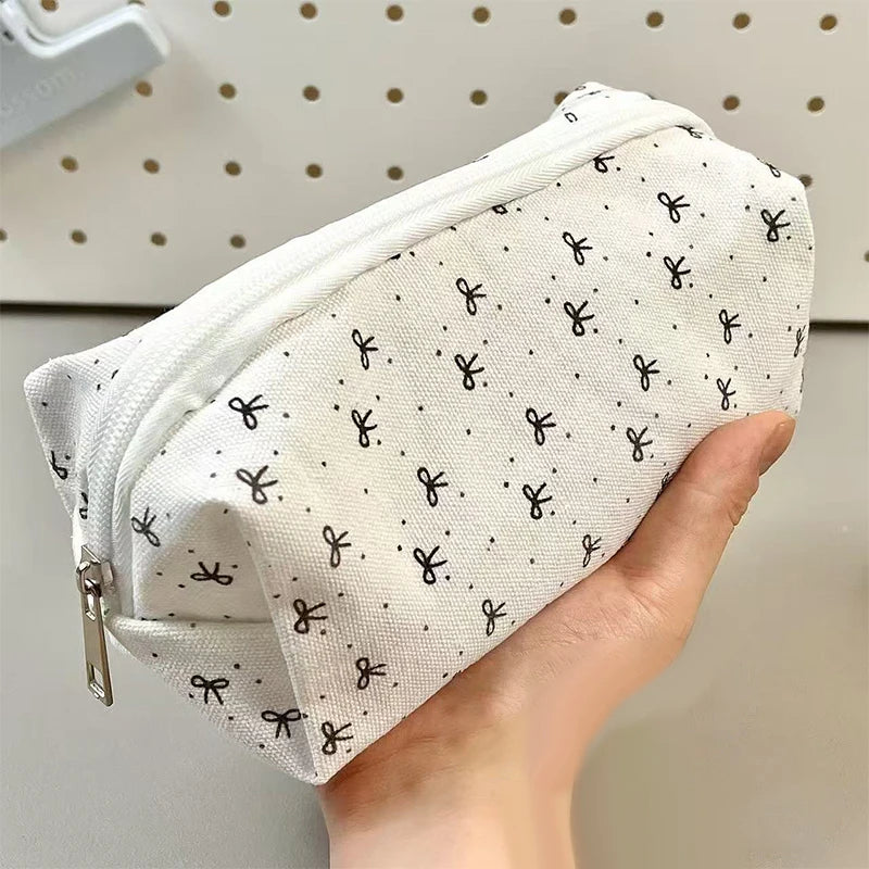 Simple Bow Pencil Case Student Fashion Sweet Pouch Portable Large Qme