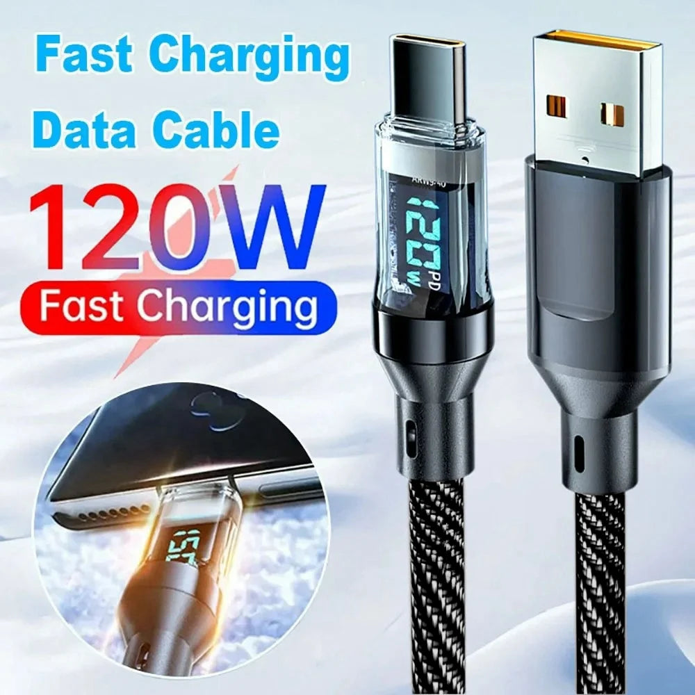 120W USB A to Type C Fast Data Transmission Cord Phone Quike Charging Cable LED Display Line For Samsung iPhone Xiaomi Data Wire Qme