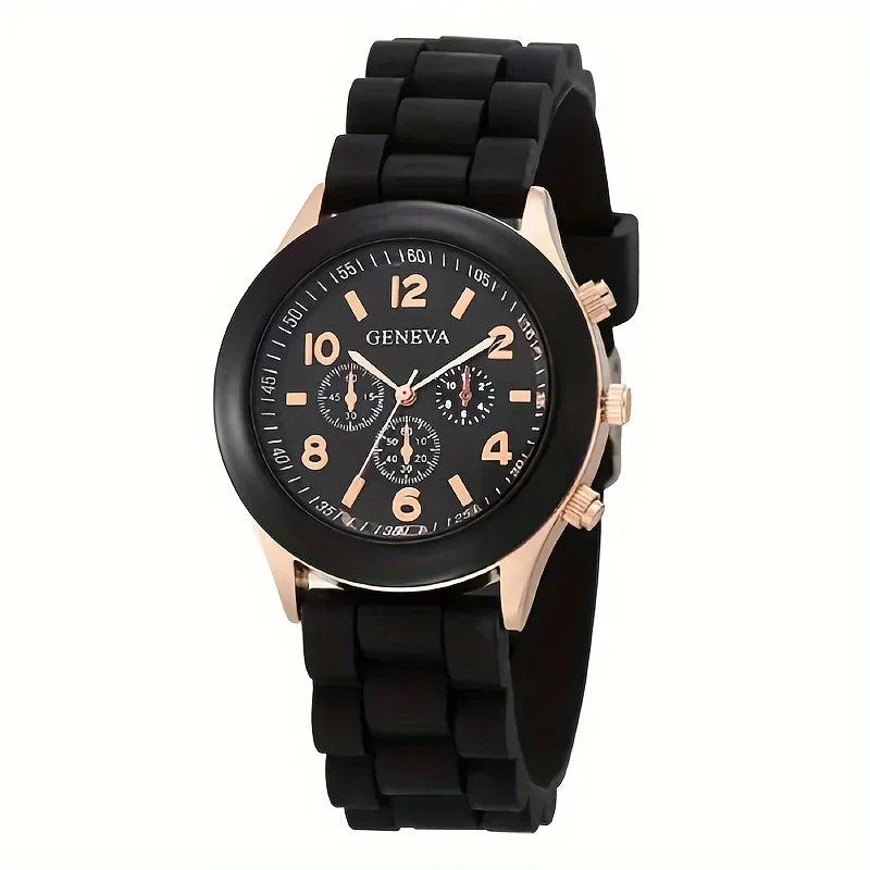 Stylish Round Pointer Quartz Watch, Triple Dial Silicone Watchband Sports Wristwatch For Women And Men, Ideal choice for Gifts Qme black