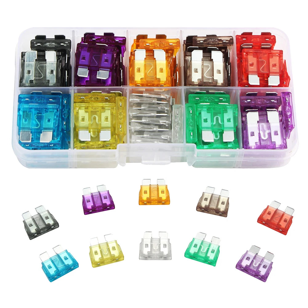 Blade Type Fuse Set 100Pcs Car Fuses 2A 3A 5A 7.5A 10A 10 Types 15A 20A 25A 30A 35A Car Fuse Assortment with Box Qme