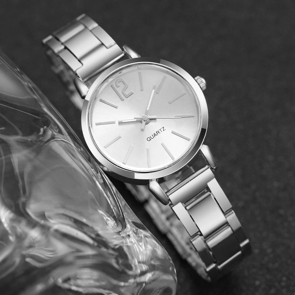 6 Pçs/set Mulheres Relógios Moda Banda de Aço Inoxidável Relógio de Quartzo Jóias de Diamante (Sem Caixa) Qme