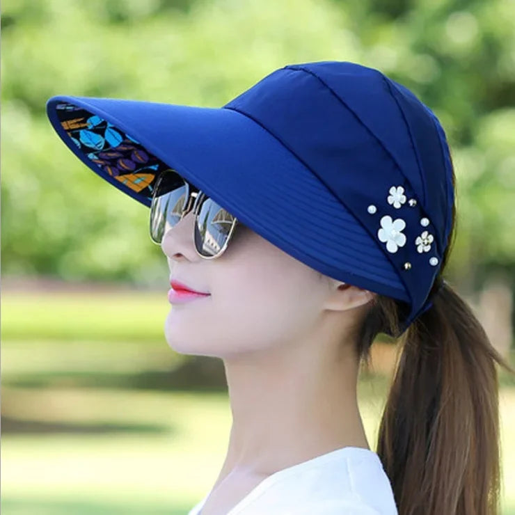 Korea Empty Sun Hat Foldable Wide Brim Anti Uv Visor Cap Women Summer Qme Blue