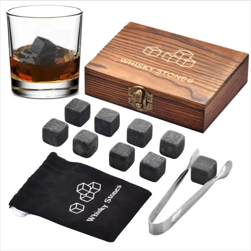 9 PCS Whisky Ice Stones Reusable Ice Cubes Bar Tools Whiskey Cooling Ice Stones Gifts For Whisky Lovers Stone Wooden Box Set Qme