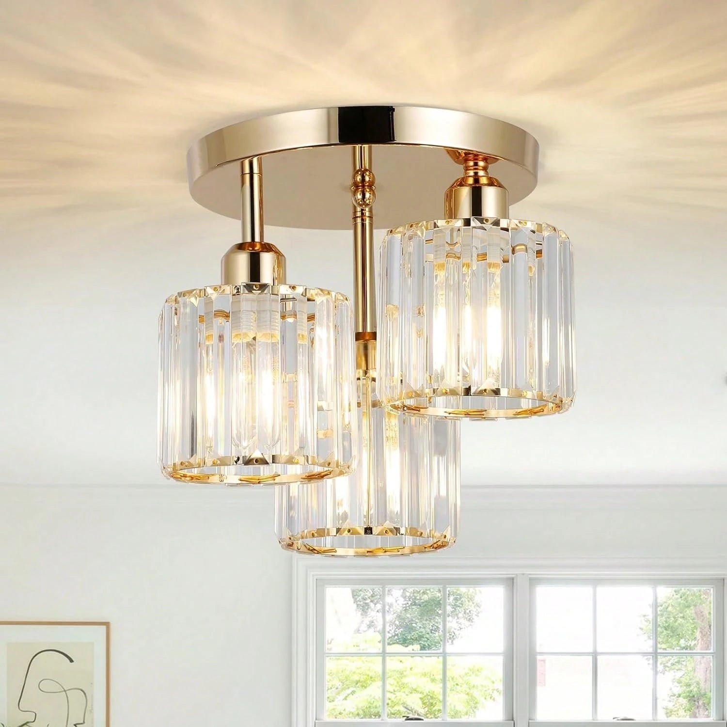 3-Light Modern Semi-Flush Mount Ceiling Light, Gold Crystal Glass Close To Ceiling Lighting Fixture For Kitchen Hallway Bedroom Qme