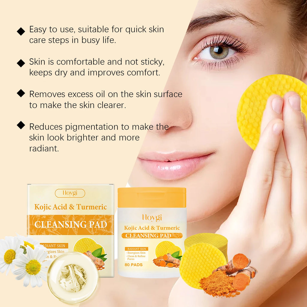80Pcs Turmeric Kojic Acid Cleansing Pads Cleansing Exfoliating Pads Facial Sponges Refreshing Daily Facial Pore Cleansing Pad Qme