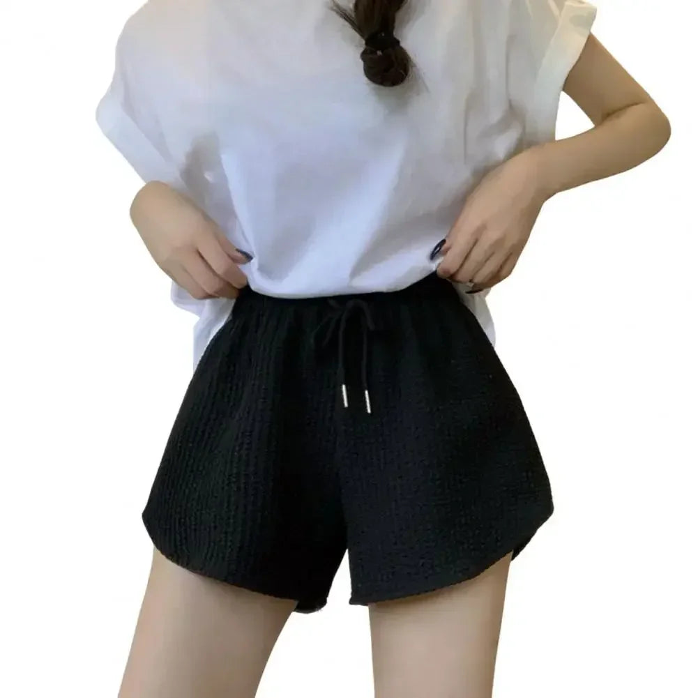 Women Shorts Summer High Elastic Lace Up Drawstring Wide Leg Sweat Short Fitness Pants Loose Fit Comfortable Spring Season Qme BK XL