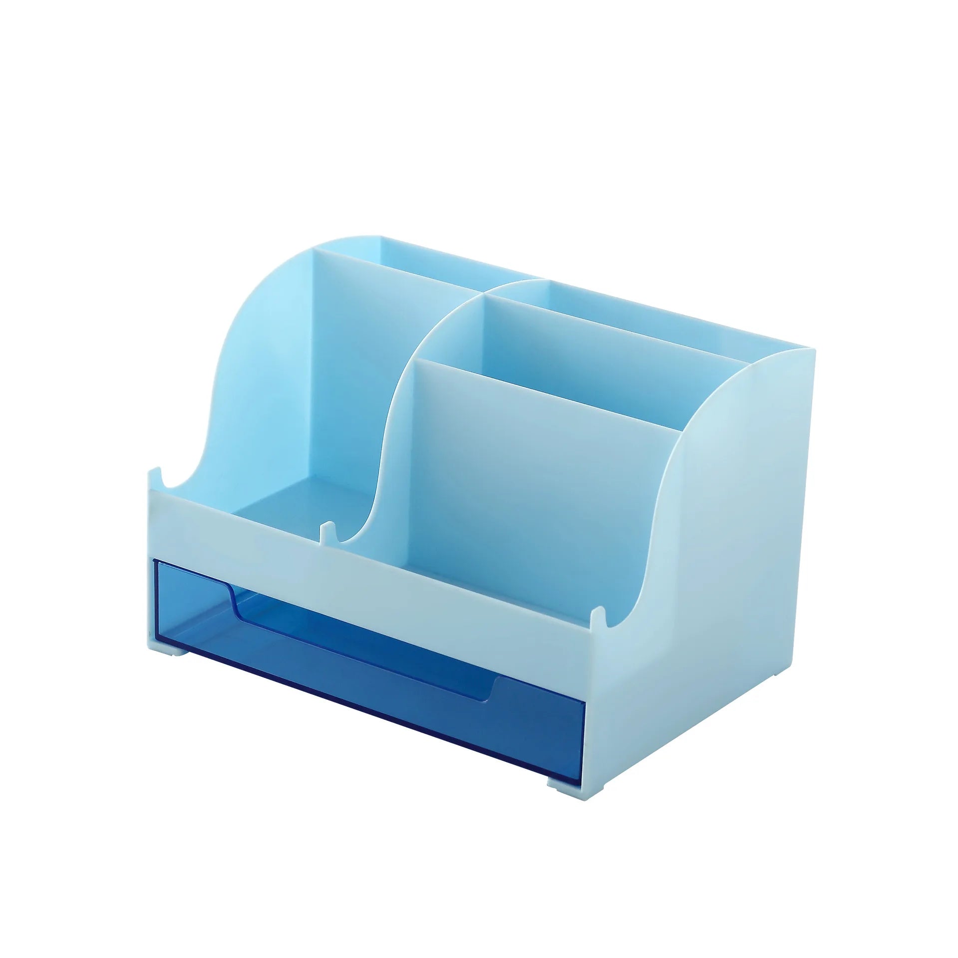 Multi Compartment Desk Organizer with Clear Drawer, Plastic Stationery Storage Caddy Pen Holder for Office School Home Qme Blue 1pc