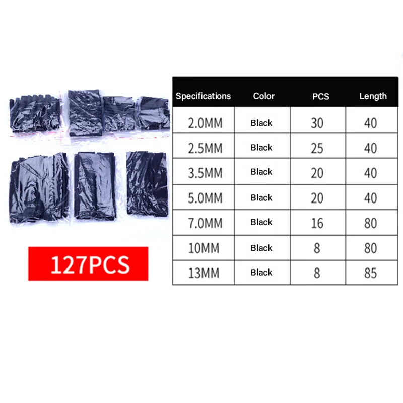 Insulation Heat-shrinkable Sheath Set Colored Thermoresistant Heat Shrink Tube Charger Cable Protector Connect Sleeved Cable Qme 127pcs Black(Bag)