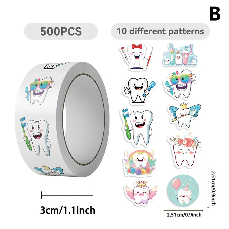 Roll Dental Stickers Cartoon Decoration Tooth Shaped Sticker Label Qme B