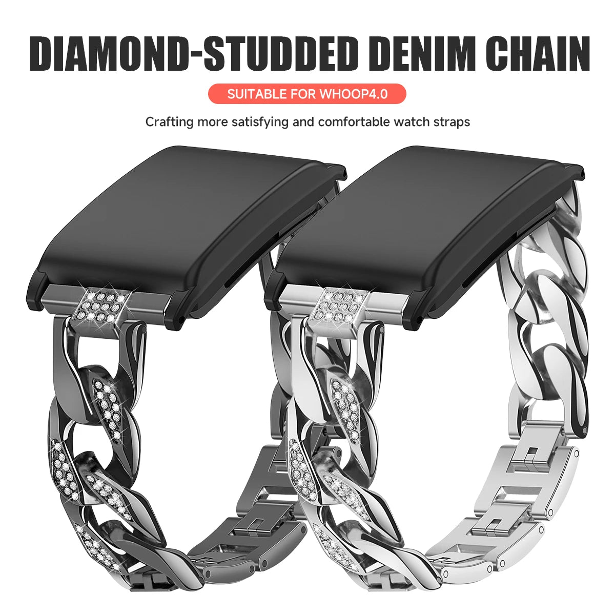 Women Metal Strap for Whoop 4.0 Lady Steel Bracelet Wristband Diamond-Studded Denim Chain for Whoop 4.0 Qme