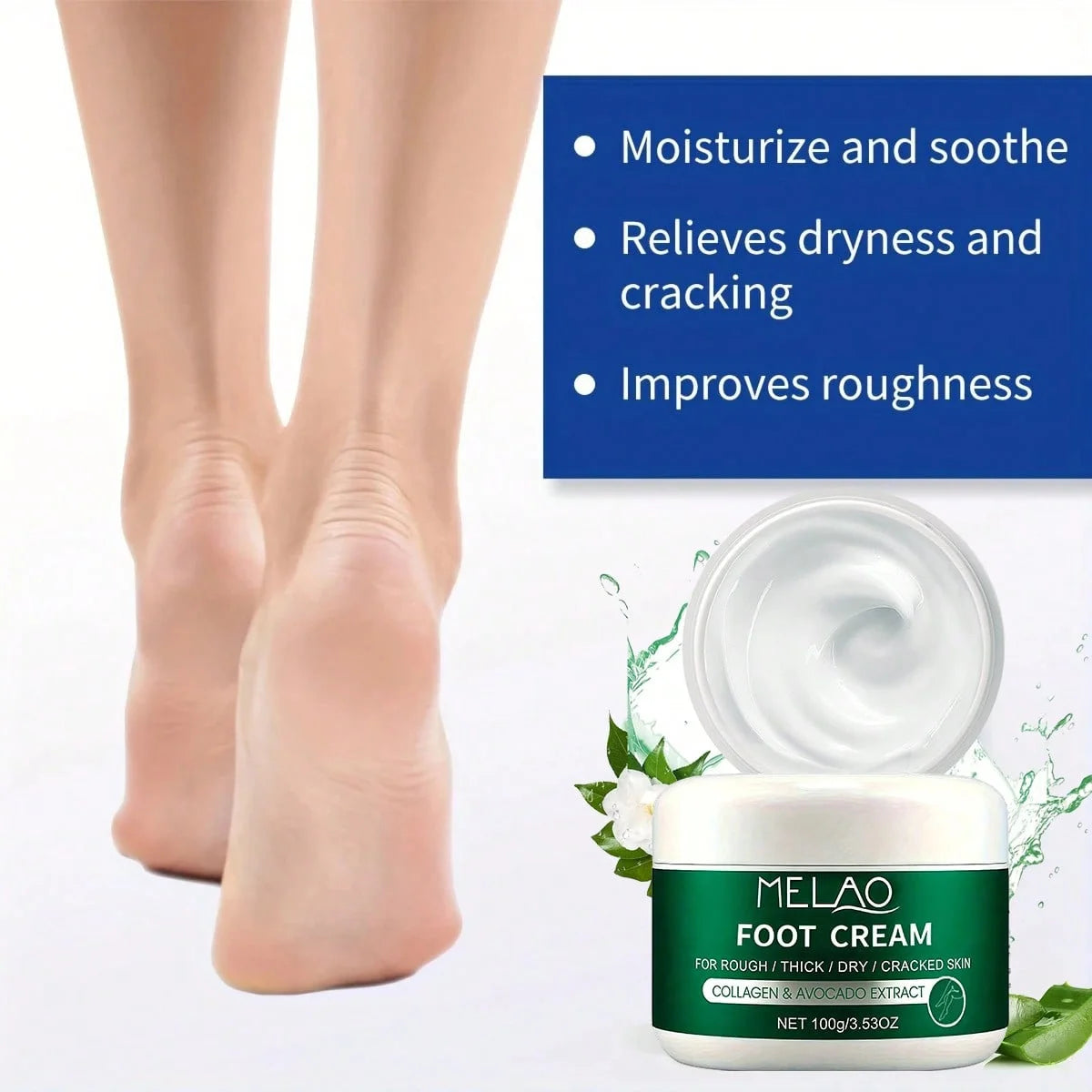MELAO Collagen Foot Cream for Cracked Heels & Dead Skin - Avocado Extract Formula Repairs Dry Feet, Softens Rough Skin Qme