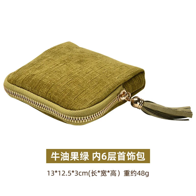 Tassel Jewelry Organizer Bag Portable Travel Case with Metal Zipper for Bracelets Jade Bangles Necklaces Rings Storage Pouch Qme Avocado Green
