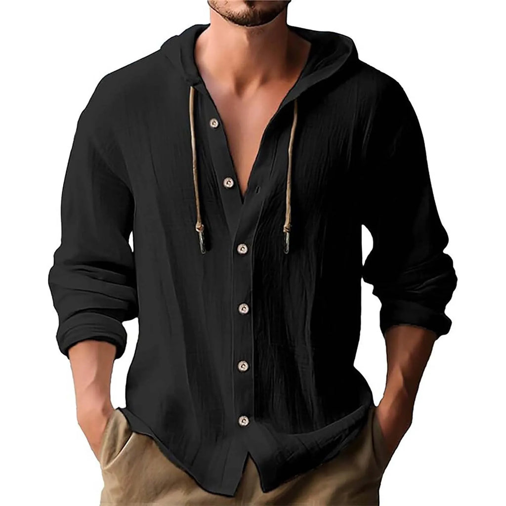 Men's Solid Color Casual Long Sleeved Shirt With Hood And Drawstring Cotton And Linen Cardigan Fashionable Daily Versatile Top Qme