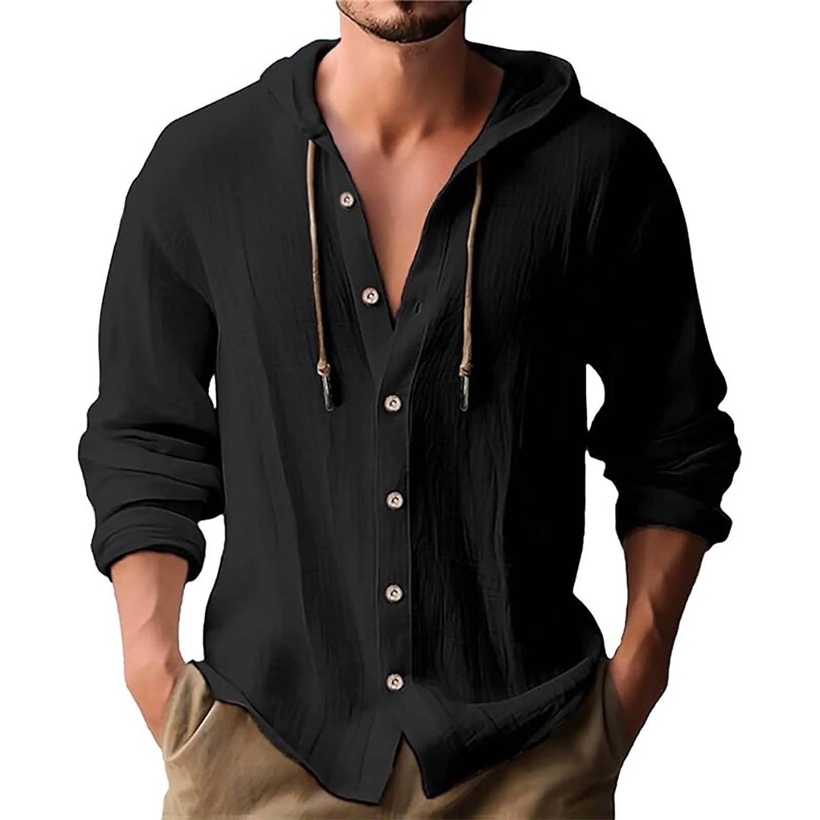 Men's Solid Color Casual Long Sleeved Shirt With Hood And Drawstring Cotton And Linen Cardigan Fashionable Daily Versatile Top Qme