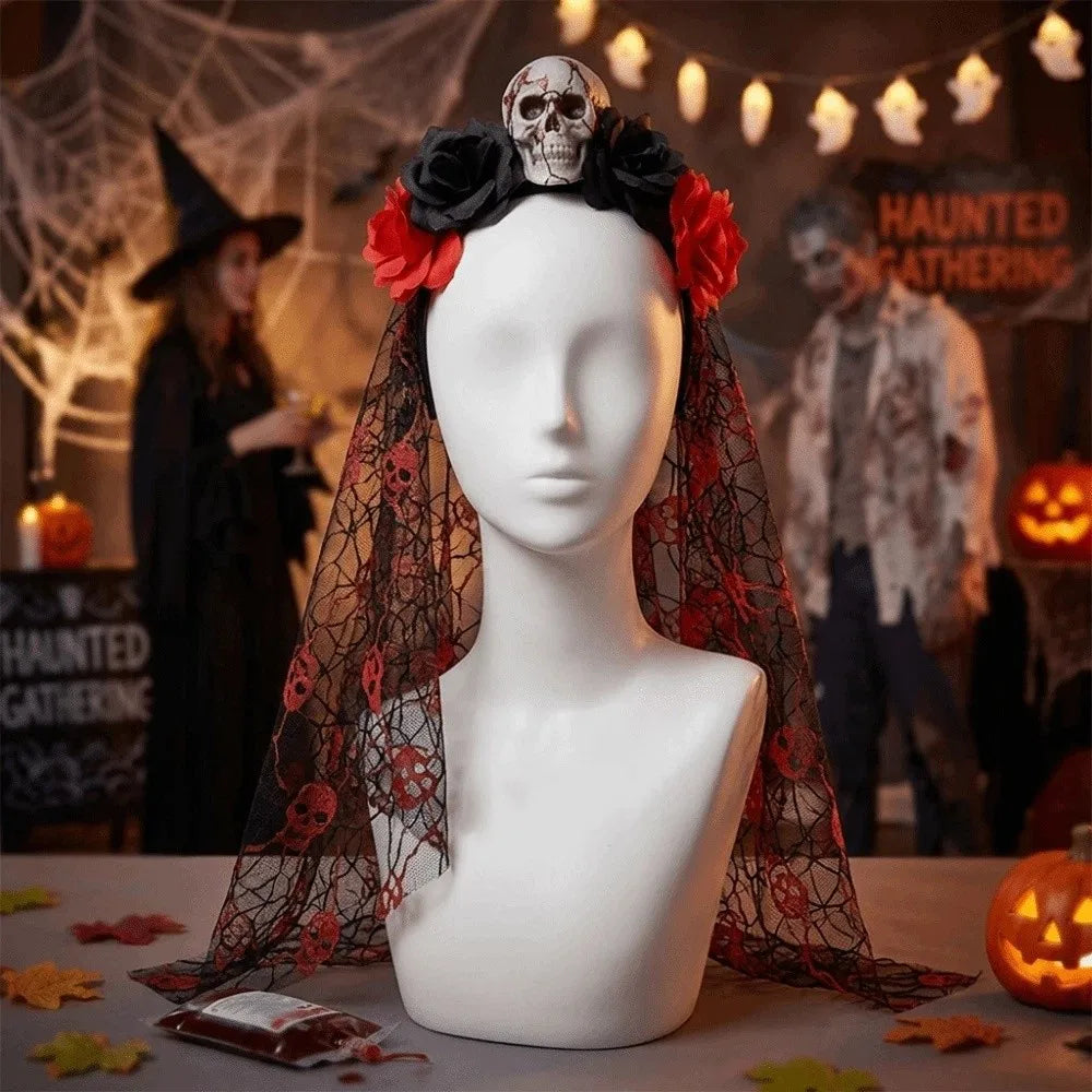 Gothic Ghost Bride Headband Simulation Rose Skull Pattern Halloween Rose Headband Lace Mesh Skull Mesh Veil Hairband Qme
