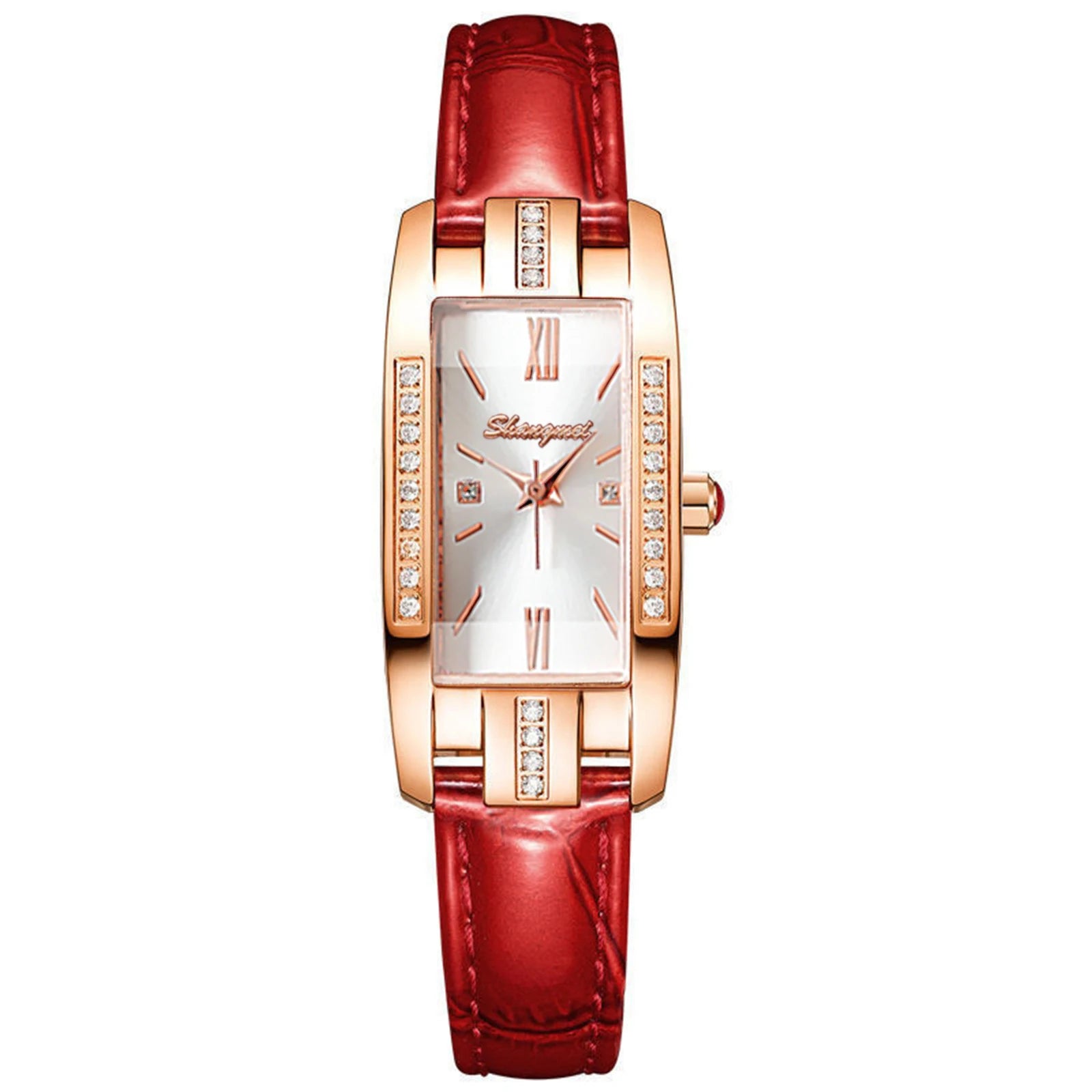 Small Rectangle Crystal Ladies Watch Rose Gold Roman Dial Glossy Leather Strap Women Elegant Dress Quartz Wristwatch Qme Rose