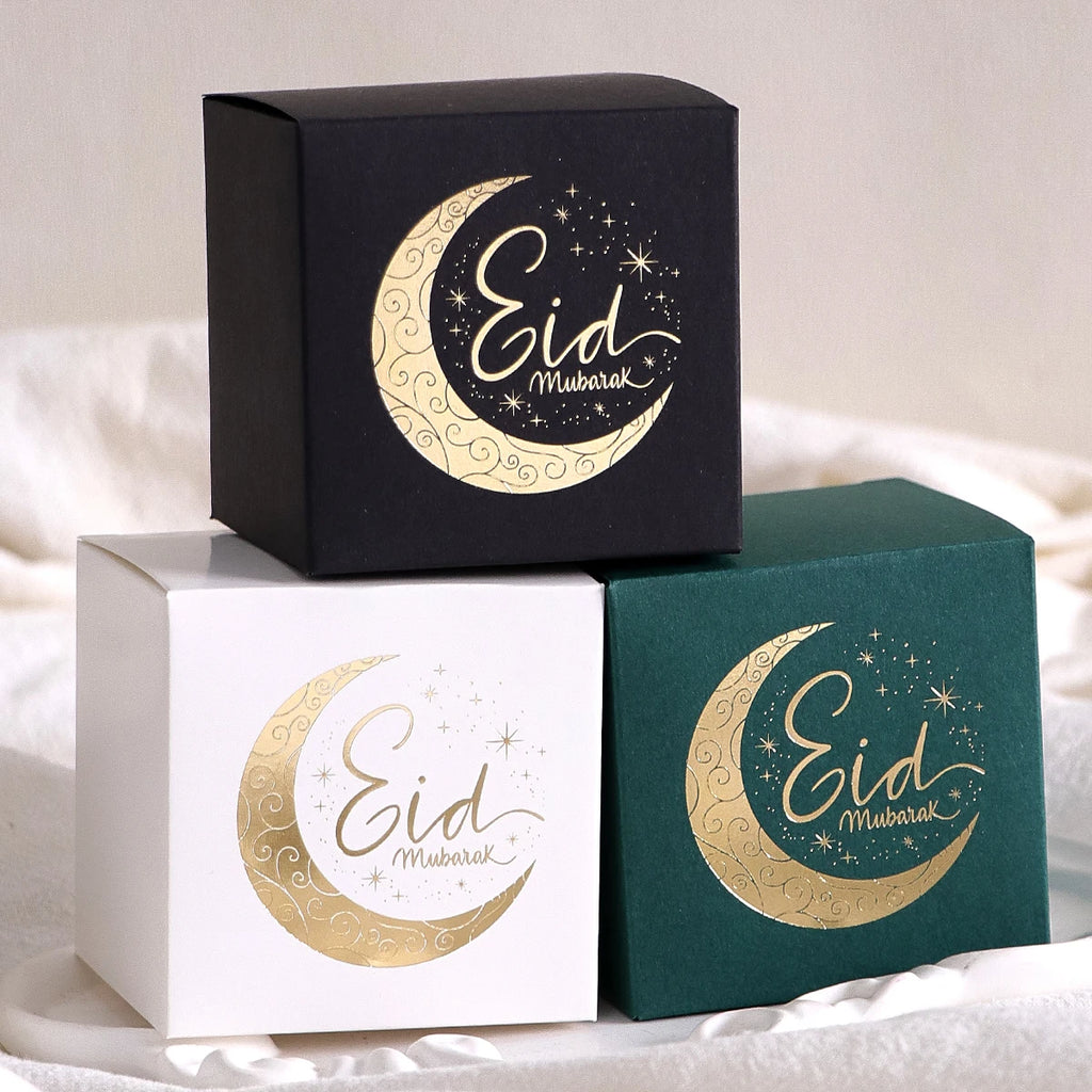 Set of 10Black, White and Green Eid Greetings Mini Gift Bags with Elegant Gold Crescent Design and Star Decoration Perfect for Qme