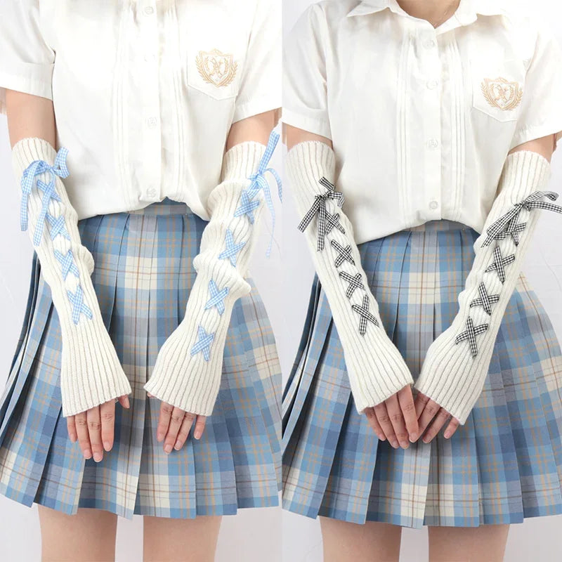 JK Girls Gloves Japanese Kawaii Lolita Fingerless Glove Elbow String Ribbon Ties Up Party Fingerless Gloves Harajuku Leg Warmers Qme