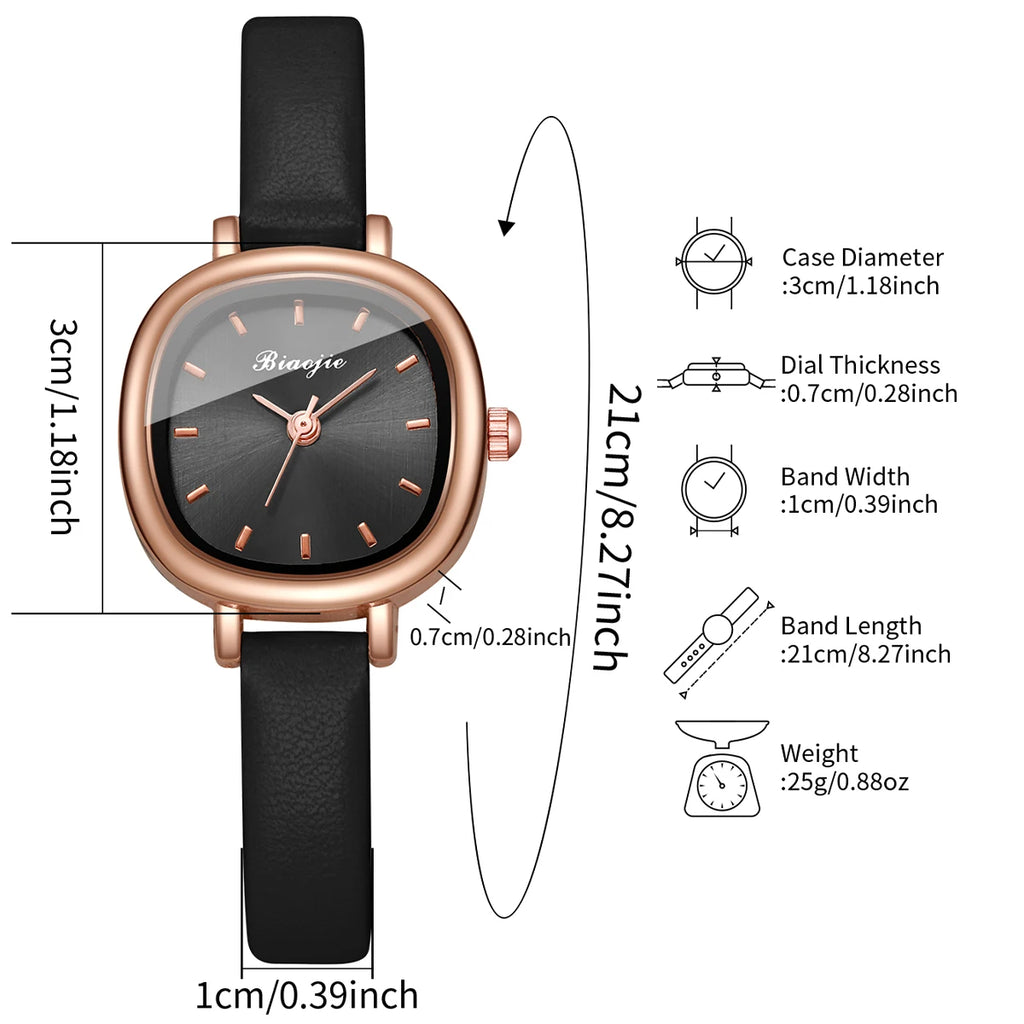 4-in-1 Elegant Jewelry Set for Women, Rose Gold Black Dial Watch + Black Heart Bracelet + Necklace + Earrings, Rose Gold Tone Qme