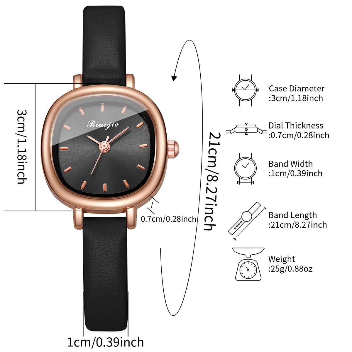 4-in-1 Elegant Jewelry Set for Women, Rose Gold Black Dial Watch + Black Heart Bracelet + Necklace + Earrings, Rose Gold Tone Qme