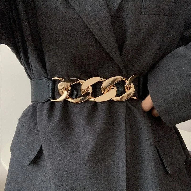 Elastic Wide Metal Chain Buckle Belt Lady Girls PU Leather Rivet Qme