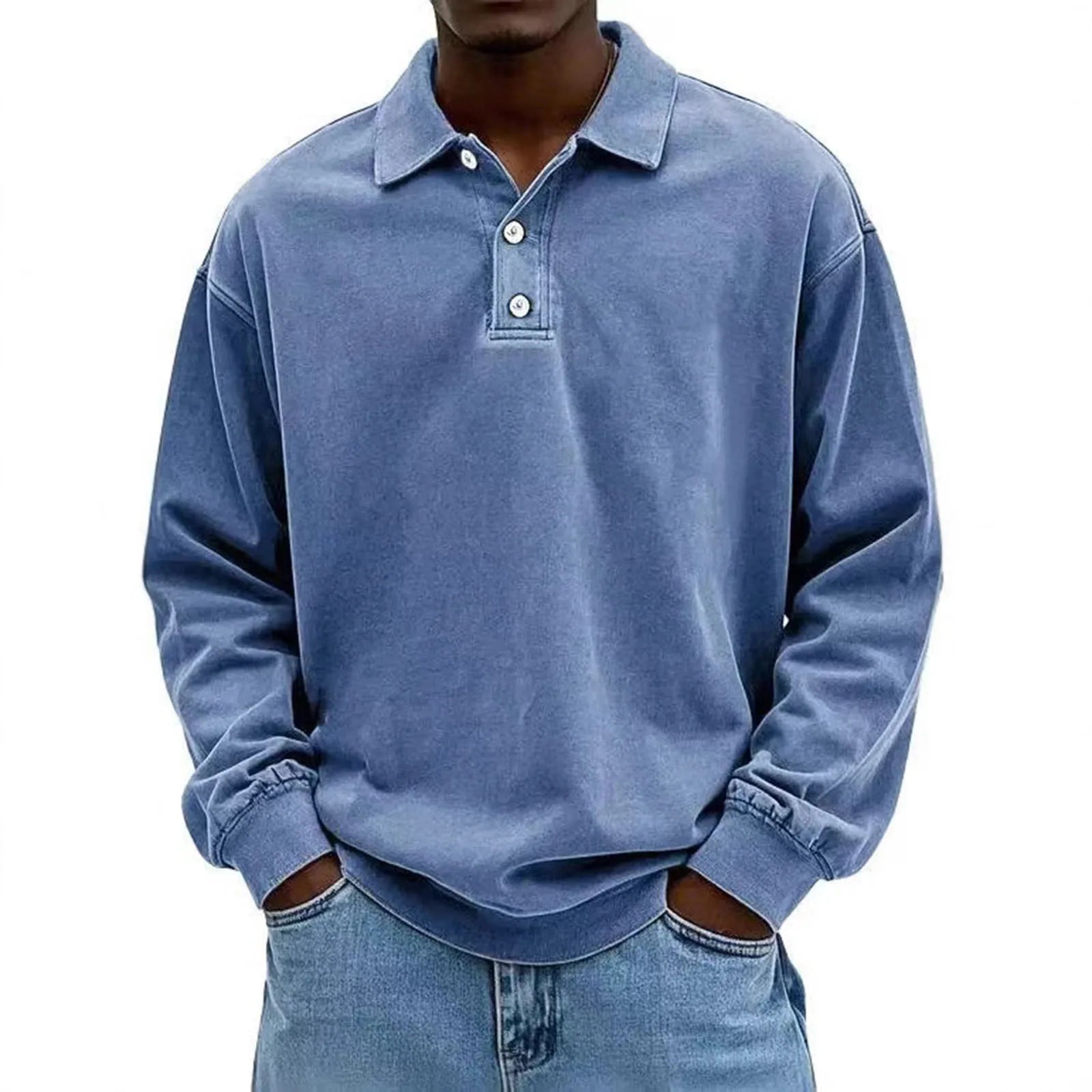 Men's Baggy Korean Style Leisure Daily Versatile Long Sleeves Flip Collar Pullover Shirt Fashion Solid Color Button Hoodies Qme Blue XXL