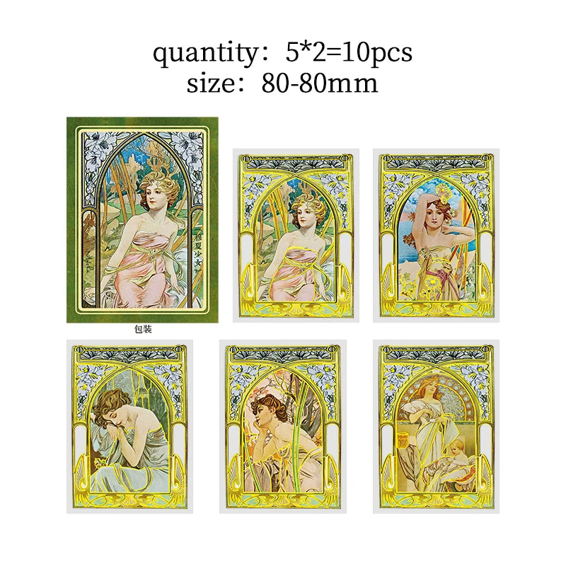 10 pcs/lot Mucha theme Stickers Diy Decorative Scrapbooking Diary Stick Labels Album hand made Collage material Qme B
