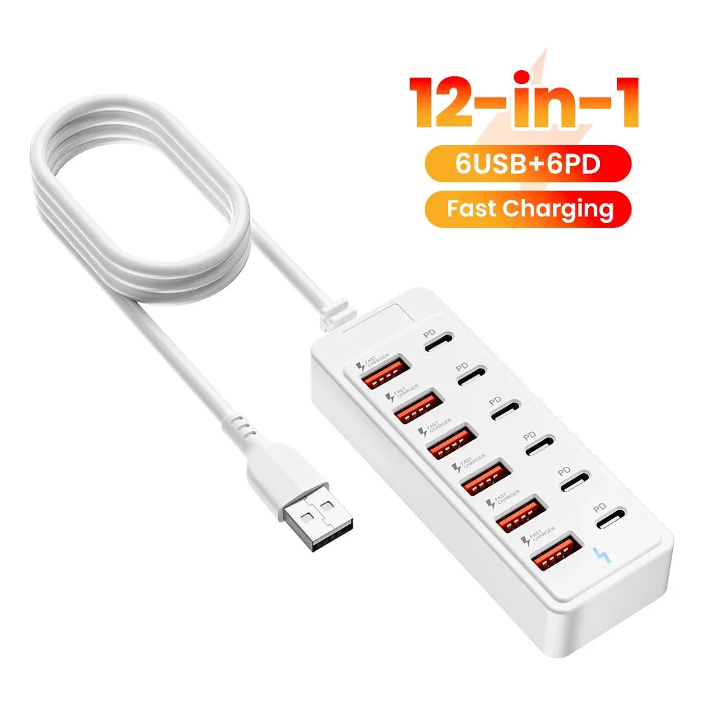 Multi Ports USB Power Strip 12 in 1 Fast Charging Phone Charger Station USB Type C Electrical Socket Adapter USB C HUB Charger Qme