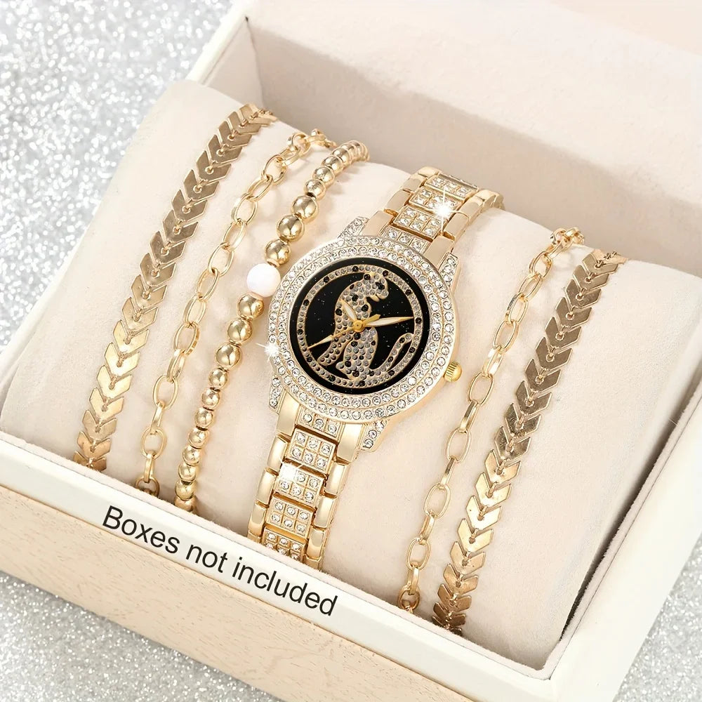 6pcs/set Women's Elegant Cheetah Leopard Quartz Watch Shiny Rhinestone Analog Wrist Watch & Bracelets, Gift For Mom Her Qme Bronze