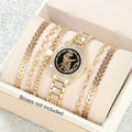 6pcs/set Women's Elegant Cheetah Leopard Quartz Watch Shiny Rhinestone Analog Wrist Watch & Bracelets, Gift For Mom Her Qme Bronze
