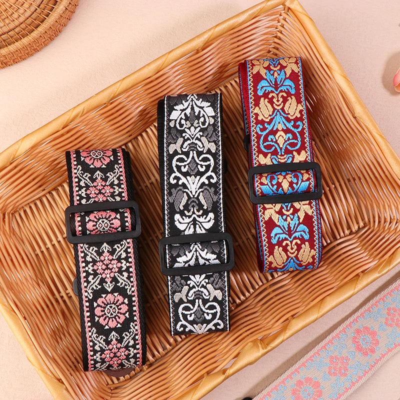 Guitar Strap Bass Cotton Leather Embroidery Straps Adjustable Neck Qme