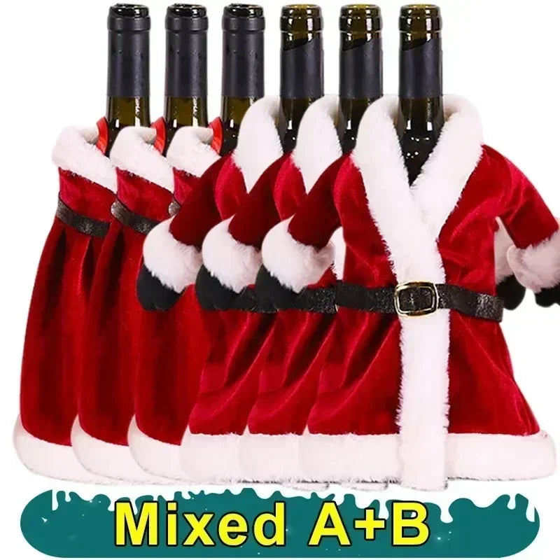 2PCS Christmas Wine Bottle Cover Velvet Dress Clothes Set Wine Bottle Ornaments Bag Xmas Party Dinner Table Decoration Gifts Qme Mix 2PCS as picture