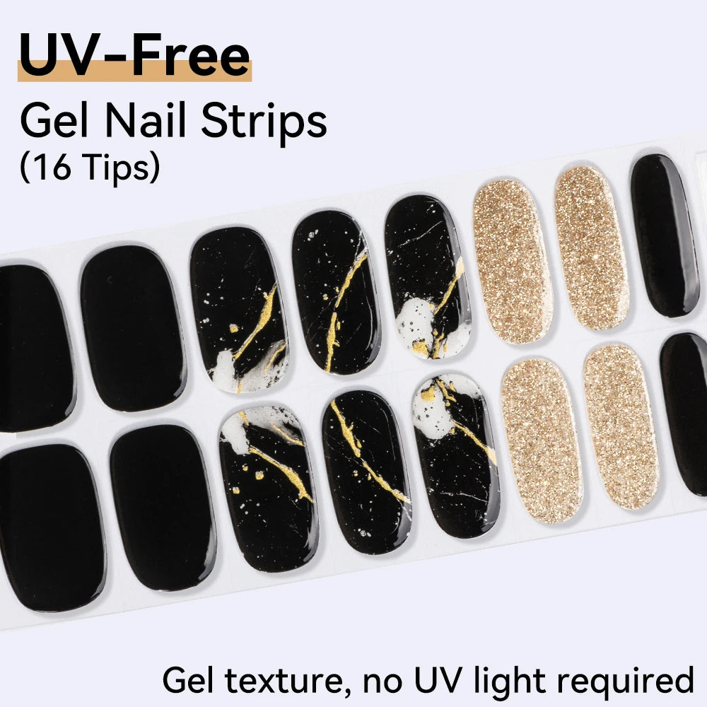 16Tips Pink Red French UV-Free Gel Nail Stickers Sparkly Shinning