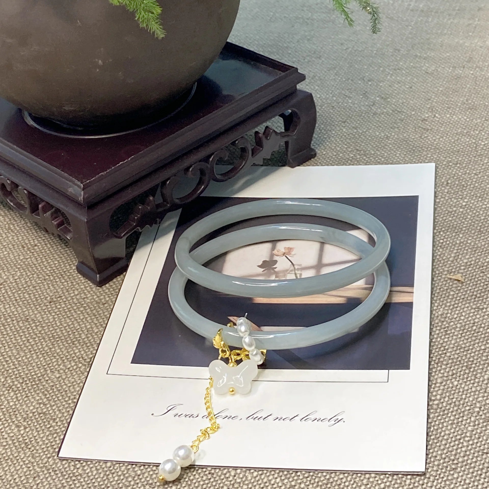 2Pcs/Set Imitate Natural Jade Jingle Butterfly Jelly Bangles Retro Simple Girl Antique Glass Bracelet Women's Jewelry Gifts Qme grey China Mainland 58mm