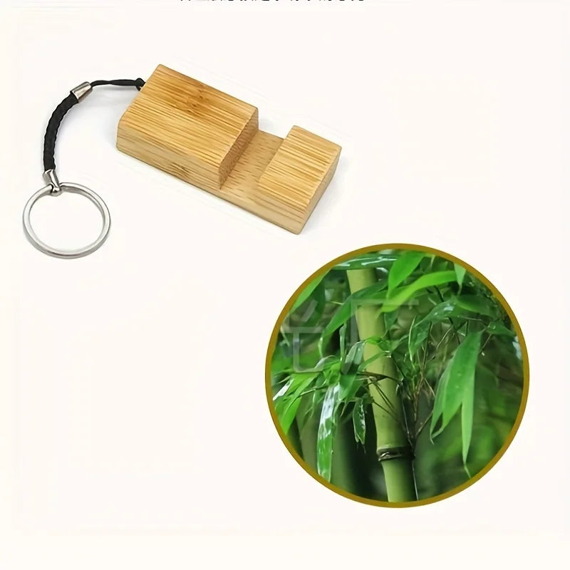 Bamboo Wood Phone Stand With Keychain Mini Portable Cell Phone Holder Universal Desk Smartphone Bracket Key Ring Accessory Qme