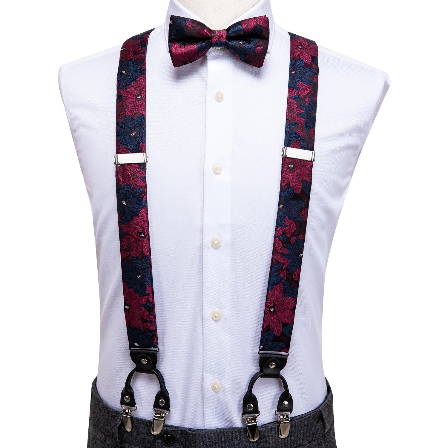 Silk Woven Mens Suspenders Bow Tie Hanky Cufflinks Strength 6 Clips Qme BD-3038