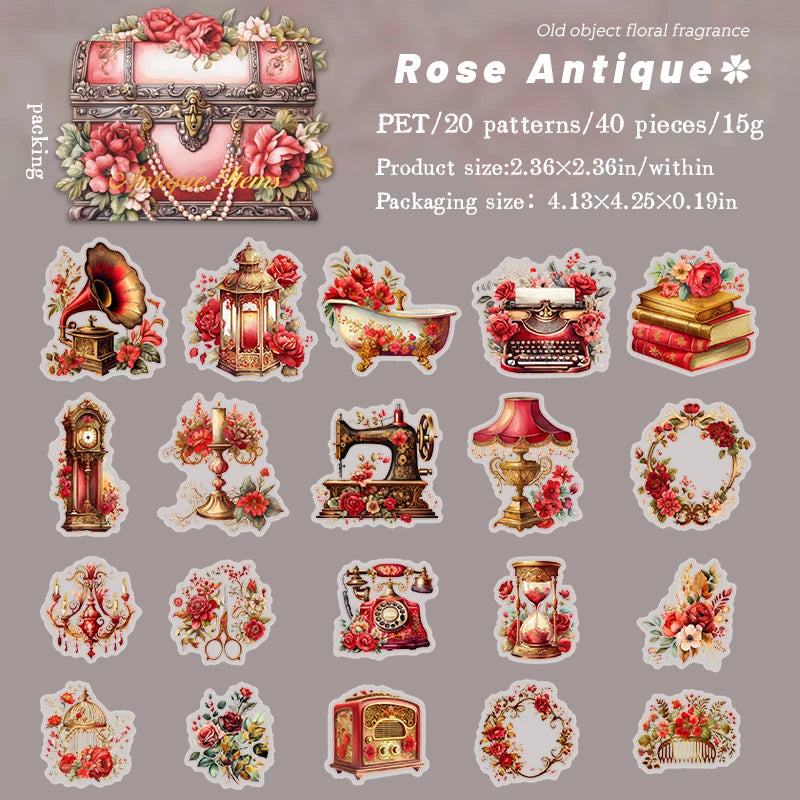40 pcs Vintage Transparent PET Stickers pack INS Flowers Old items Decorative Scrapbooking material Diy junk journal supplies Qme D