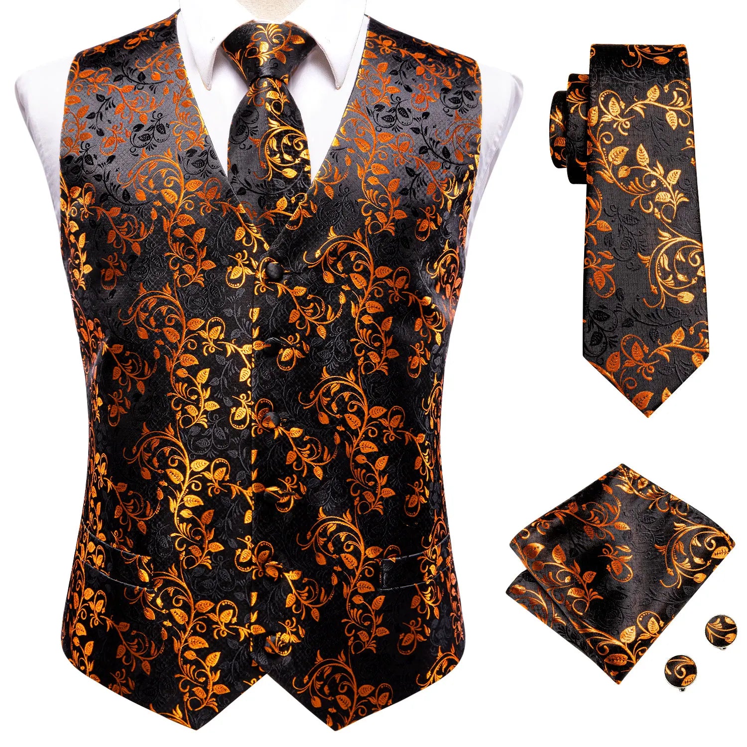 Hi-tie Mens Suit Vests Necktie Hankerchief Cufflinks Silk Slim Fit Qme 0040 M