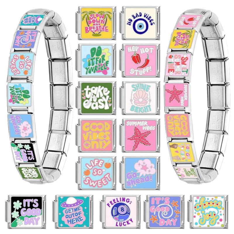 Drip Glaze Fashion Pink Starfish Blue Seawave Italian Charm Links Fit 9mm Stainless Steel Bracelet Women Jewelry DIY Making Gift Qme