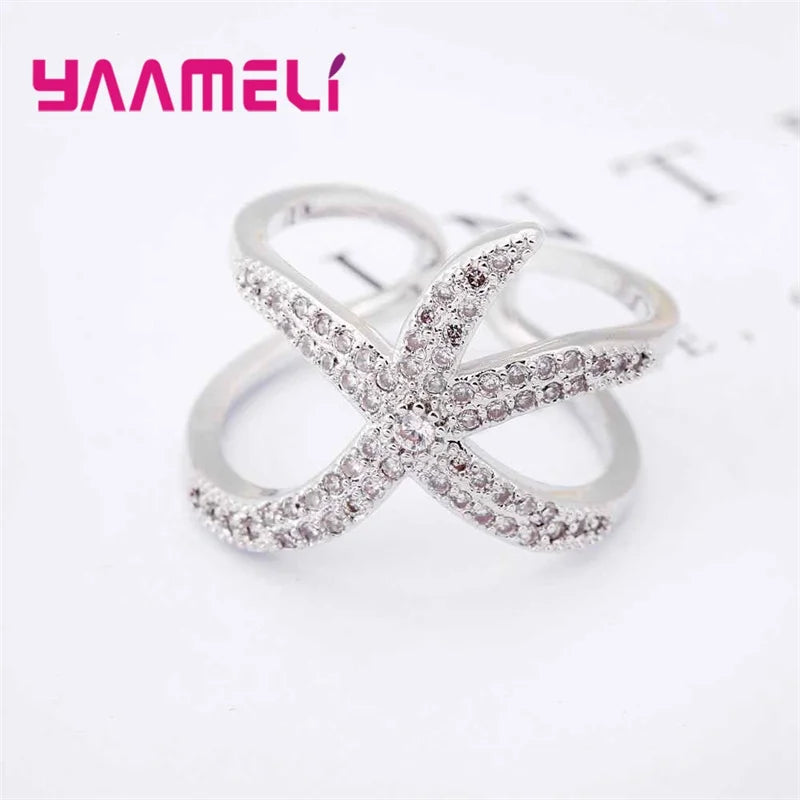 Newest Original 925 Sterling Silver Color Adjustable Ring Big Starfish Paved Shiny White Crystals Opening Rings Women Accessory Qme