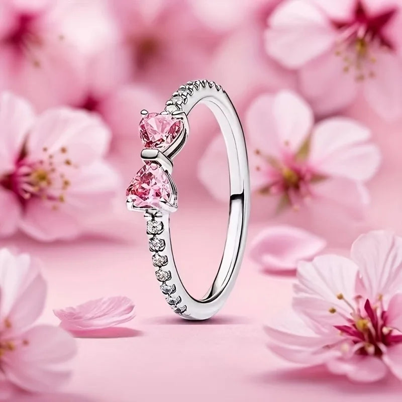 Pink Heart Cubic Zirconia Bow Shape Adjustable Open Ring Silver Plated Promise Wedding Band Women Daily Jewelry Birthday Gift Qme