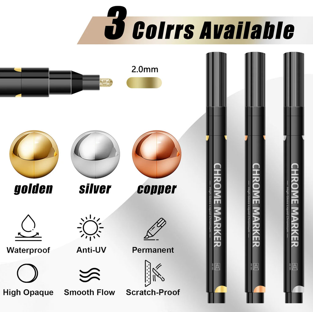 1/2 Pcs Mirror Chrome Metallic Markers, Waterproof Paint Repair,For Rock Ceramic Glass Metallic 2mm Nib, Painting DIY Craft Qme