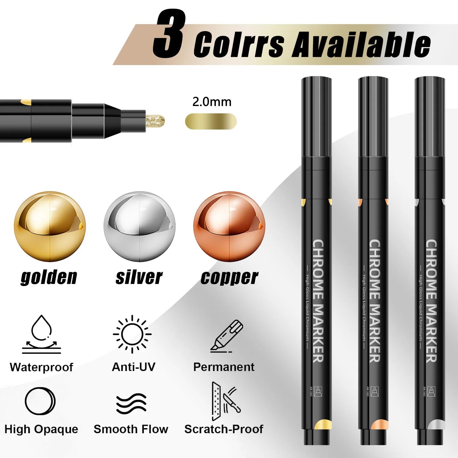 1/2 Pcs Mirror Chrome Metallic Markers, Waterproof Paint Repair,For Rock Ceramic Glass Metallic 2mm Nib, Painting DIY Craft Qme
