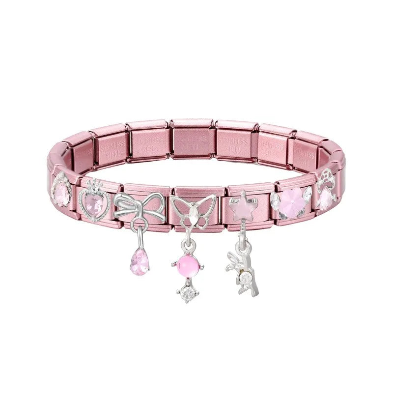 2025 Women Zircon Moon Pearl Stars Heart Butterfly Bow Pendant Italian Charm Links Fit 9mm Stainless Steel Bracelet DIY Making Qme